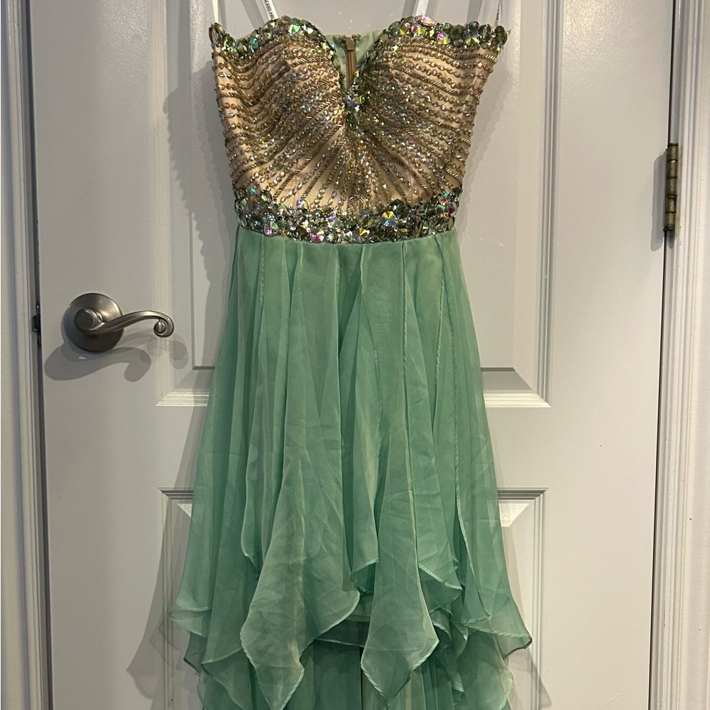 Sherri Hill Gold and Green Formal Prom Dress